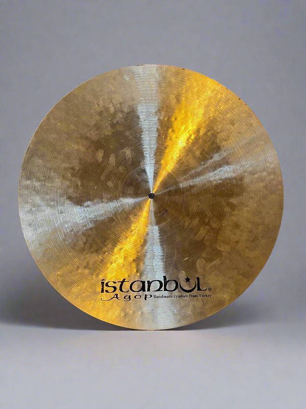 Cymbal with 'Istanbul' branding on a dark background